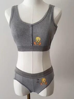 Warner Bros. Grey Tweety Cotton Bralette & Brief Set